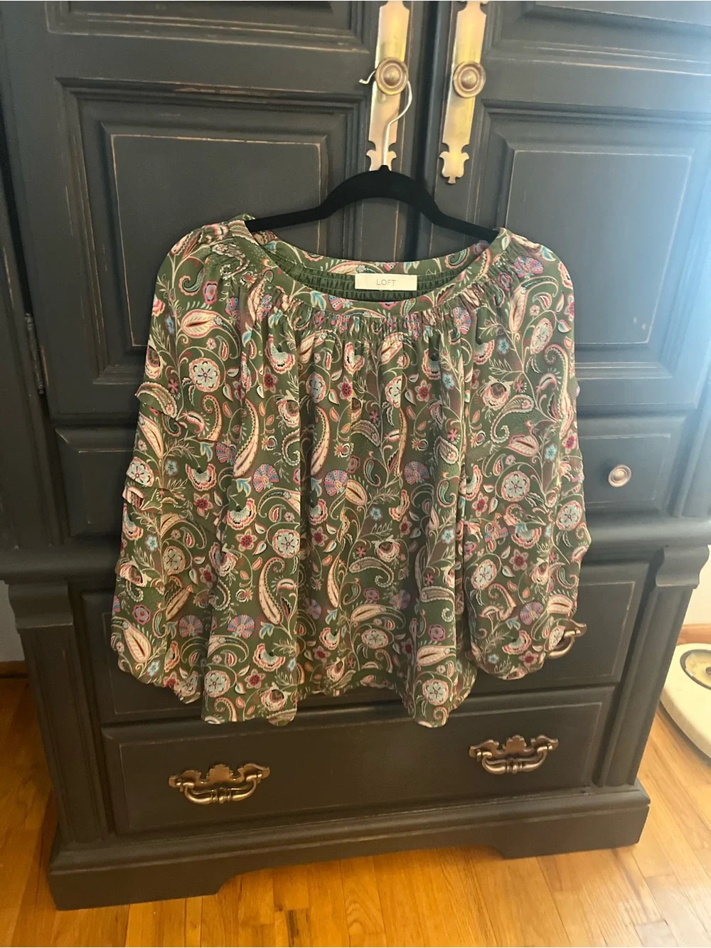 LOFT Green Paisley Peasant Blouse with Pink Accents